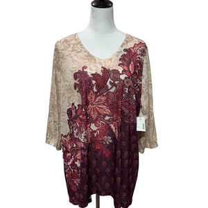 Catherines Top Women 0X 14-16W XL Beige Red Embellished Floral Tunic Career NWT